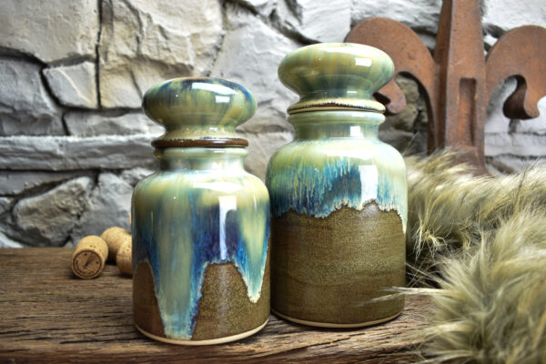 Set of 2 apothecary pots brown/blue effect glaze