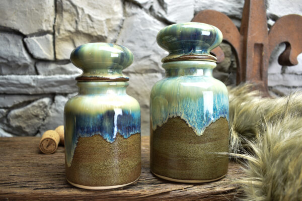 Set of 2 apothecary pots brown/blue effect glaze - Image 2