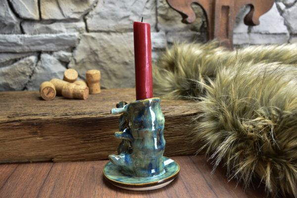 Handmade ceramic small spine candle holder brown/blue effect 2