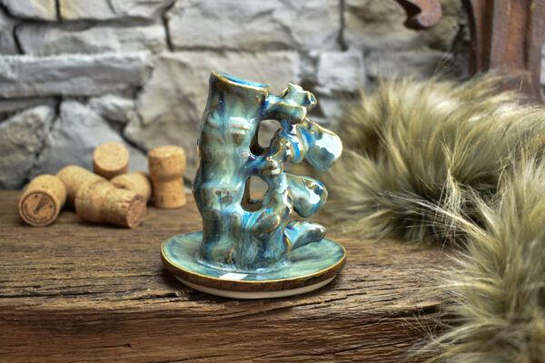 Handmade ceramic small spine candle holder brown/blue effect 2 - Image 2