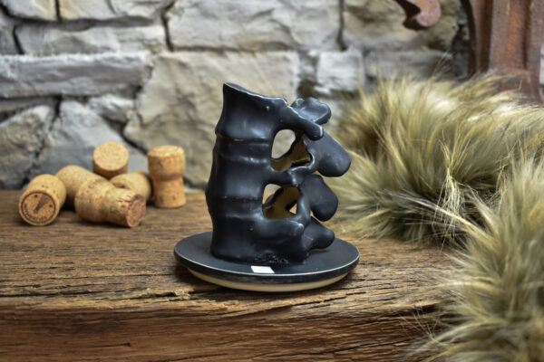 Handmade ceramic small spine candle holder matt black - Image 3