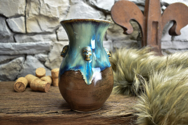 Handmade small vase with skulls brown/blue effect glaze - Image 3