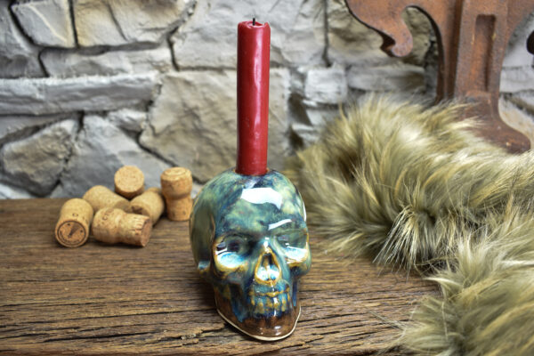 Handmade ceramic skull candle holder brown/blue effect glaze - Image 7