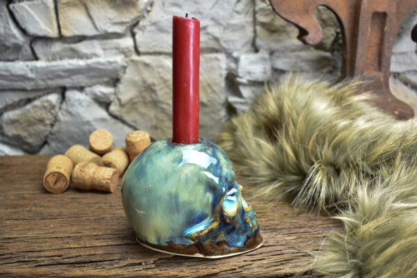 Handmade ceramic skull candle holder brown/blue effect glaze - Image 6