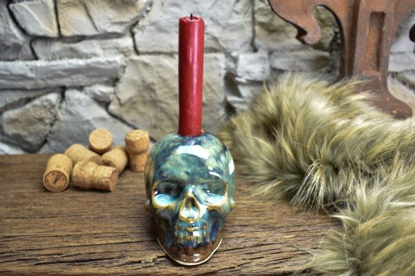 Handmade ceramic skull candle holder brown/blue effect glaze - Image 4