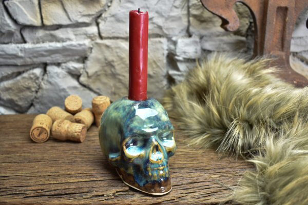 Handmade ceramic skull candle holder brown/blue effect glaze