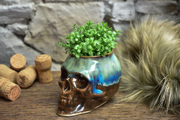 Small skull plantpot brown/blue effect glaze 2 - Image 5