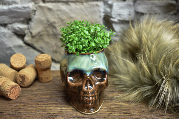 Small skull plantpot brown/blue effect glaze 2