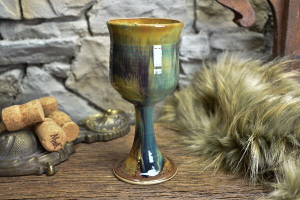 Handmade ceramic wine goblet with brown shiny effect glaze