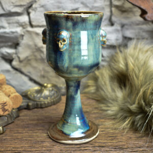 Handmade ceramic wine goblet with skulls brown/blue effect 5