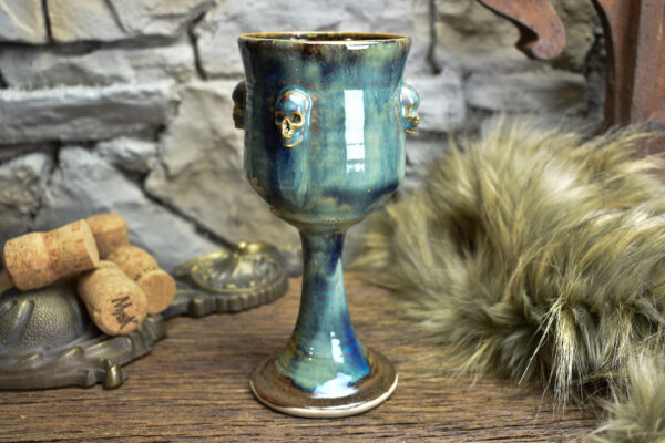 Handmade ceramic wine goblet with skulls brown/blue effect 5