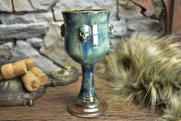 Handmade ceramic wine goblet with skulls brown/blue effect 5 - Image 4