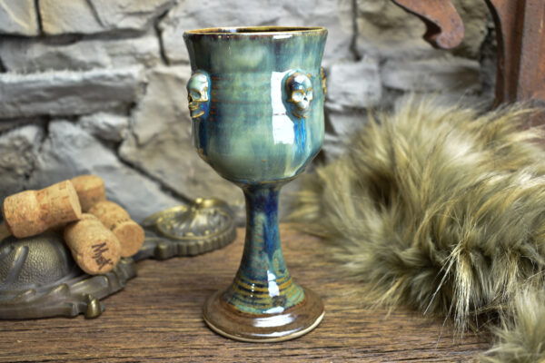 Handmade ceramic wine goblet with skulls brown/blue effect 5 - Image 3