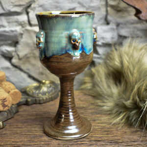 Handmade ceramic wine goblet with skulls brown/blue effect 4