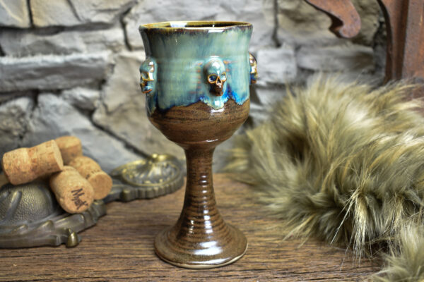 Handmade ceramic wine goblet with skulls brown/blue effect 4