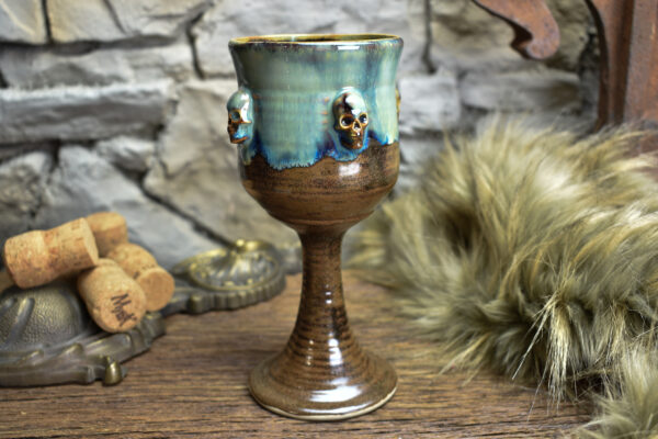 Handmade ceramic wine goblet with skulls brown/blue effect 4 - Image 3