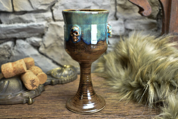 Handmade ceramic wine goblet with skulls brown/blue effect 4 - Image 2