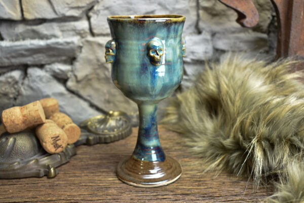 Handmade ceramic wine goblet with skulls brown/blue effect 3 - Image 4
