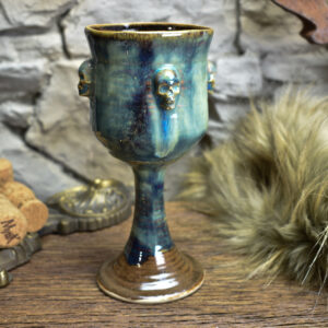 Handmade ceramic wine goblet with skulls brown/blue effect 3