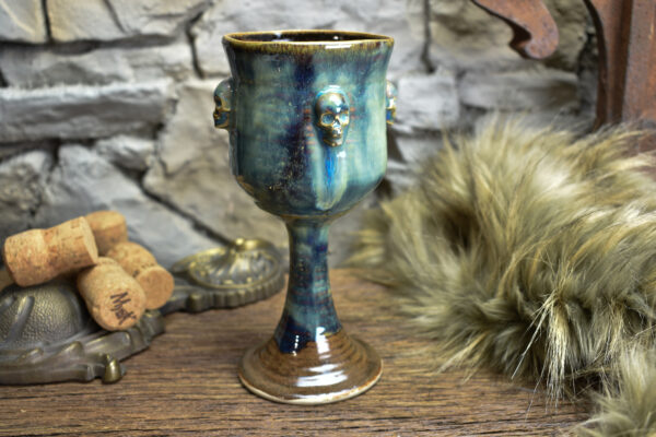 Handmade ceramic wine goblet with skulls brown/blue effect 3