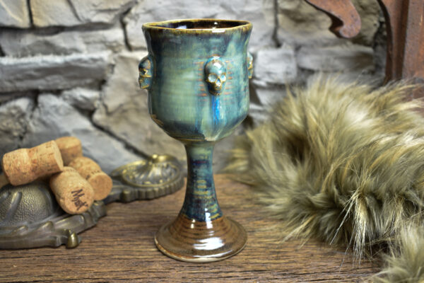 Handmade ceramic wine goblet with skulls brown/blue effect 3 - Image 2