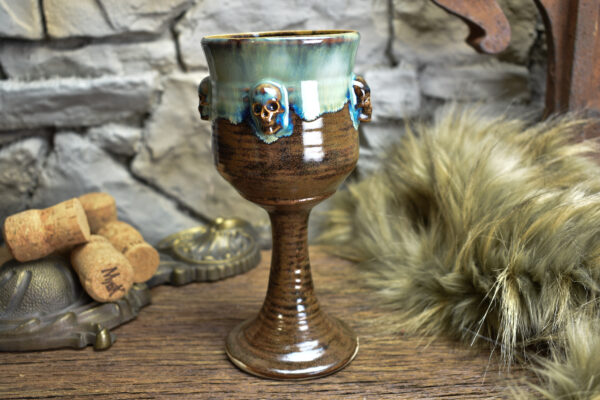 Handmade ceramic wine goblet with skulls brown/blue effect 2 - Image 4