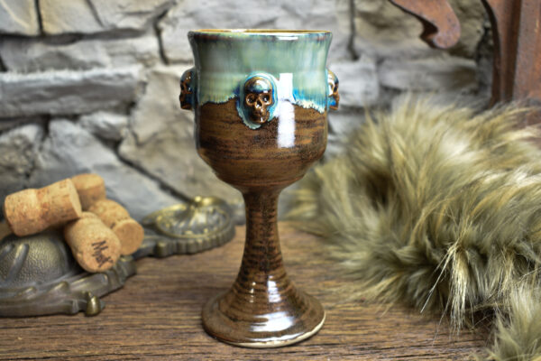 Handmade ceramic wine goblet with skulls brown/blue effect 2 - Image 3