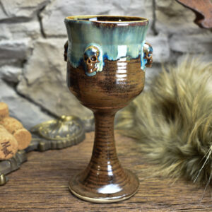 Handmade ceramic wine goblet with skulls brown/blue effect 2