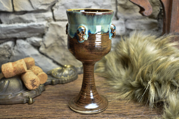 Handmade ceramic wine goblet with skulls brown/blue effect 2