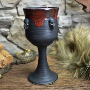 Handmade ceramic wine goblet with skulls black matt and red effect 2