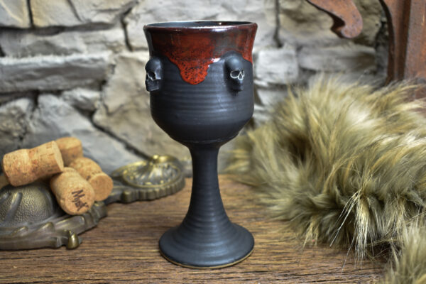 Handmade ceramic wine goblet with skulls black matt and red effect 2