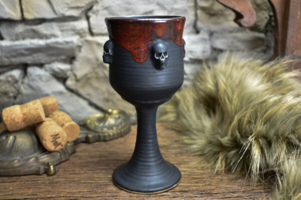 Handmade ceramic wine goblet with skulls black matt and red effect 2 - Image 3