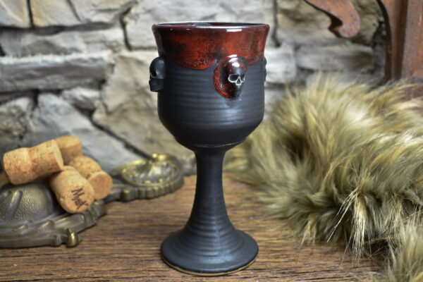 Handmade ceramic wine goblet with skulls black matt and red effect 2 - Image 2