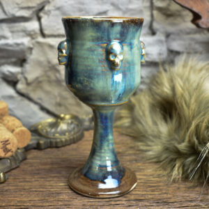 Handmade ceramic wine goblet with skulls brown/blue effect glaze
