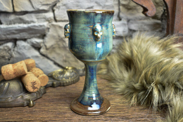 Handmade ceramic wine goblet with skulls brown/blue effect glaze