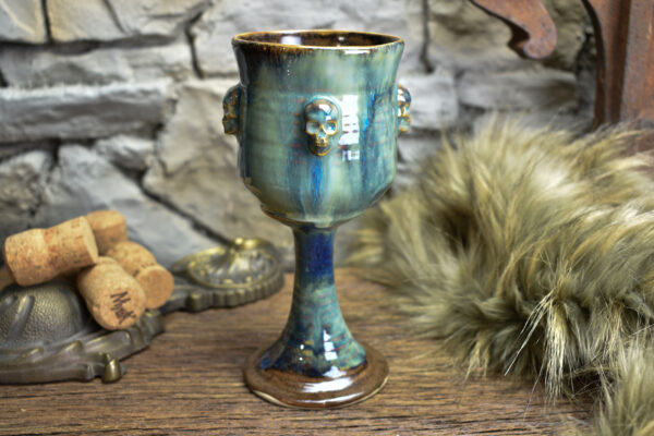 Handmade ceramic wine goblet with skulls brown/blue effect glaze - Image 3