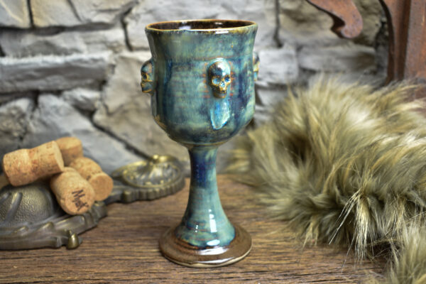 Handmade ceramic wine goblet with skulls brown/blue effect glaze - Image 2