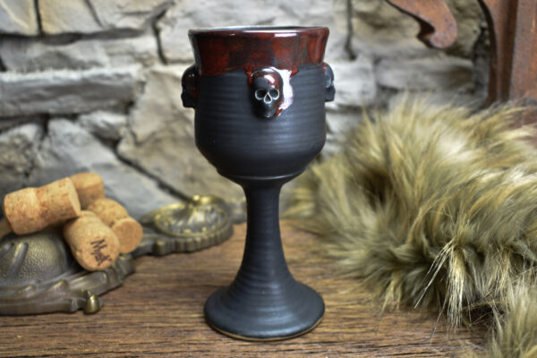 Handmade ceramic wine goblet with skulls black matt and red effect - Image 4