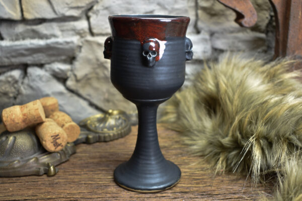 Handmade ceramic wine goblet with skulls black matt and red effect - Image 3