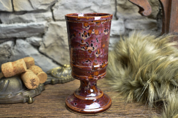 Handmade ceramic chalice bordeaux black dots effect glaze