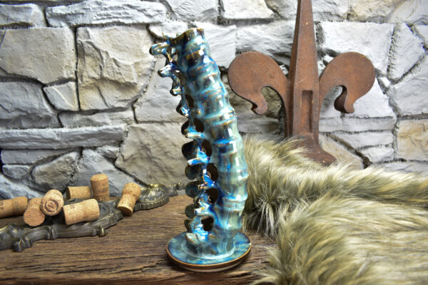 Handmade ceramic spine candle holder brown/blue effect glaze - Image 2