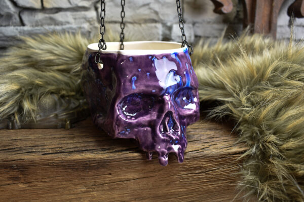 Medium size hanging skull plantpot shiny purple - Image 6