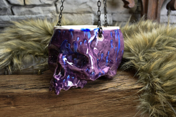 Medium size hanging skull plantpot shiny purple - Image 5