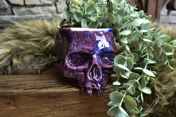 Medium size hanging skull plantpot shiny purple