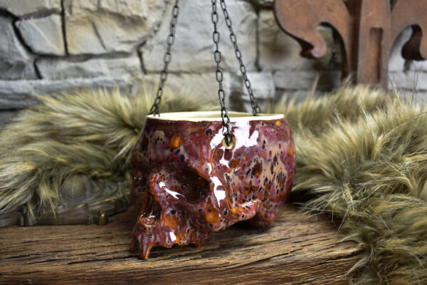 Medium size hanging skull plantpot bordeaux with black dots effect - Image 4