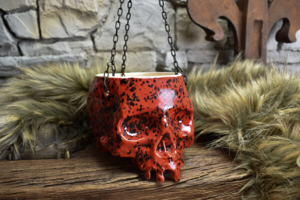 Medium size hanging skull plantpot red with black dots
