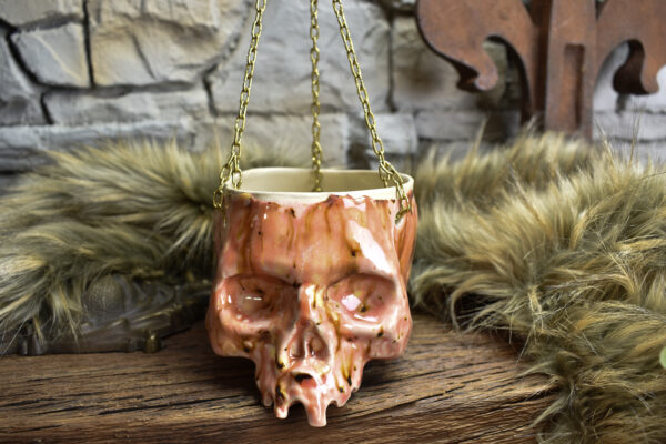 Medium size hanging skull plantpot pink effect glaze - Image 5