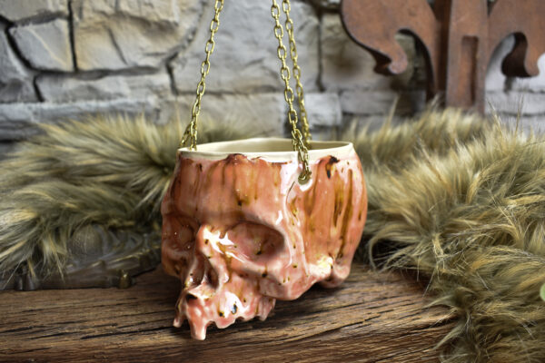 Medium size hanging skull plantpot pink effect glaze