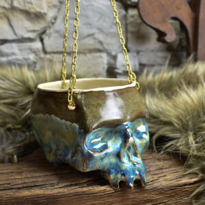 Medium size hanging skull plantpot brown/blue effect glaze