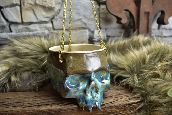 Medium size hanging skull plantpot brown/blue effect glaze - Image 6